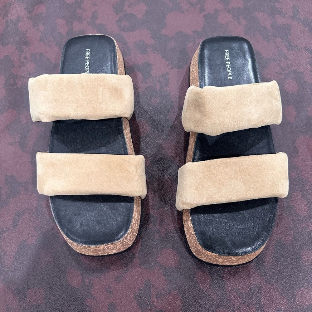Free People Women Tan Suede Double Strap Cork Platform Slide Sandals 8.5 4747413